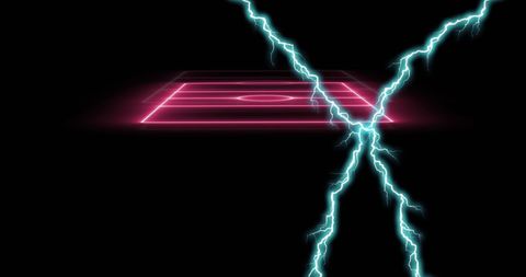 Neon pink sports field with electric blue lightning bolts