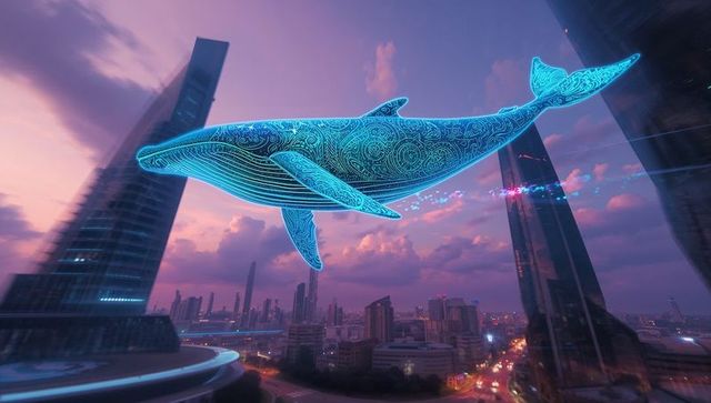 Futuristic neon whale hologram gliding over dusk cityscape
