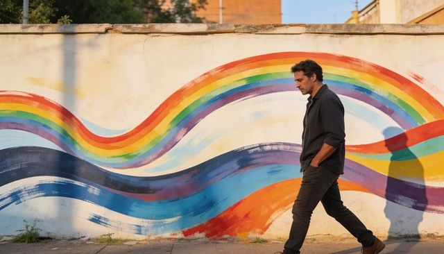 Solitary man walking past vibrant rainbow mural on sunlit urban wall with hands in pockets