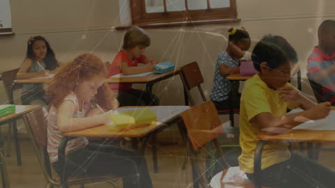 Children Working at Desks with Overlaid Digital Connections