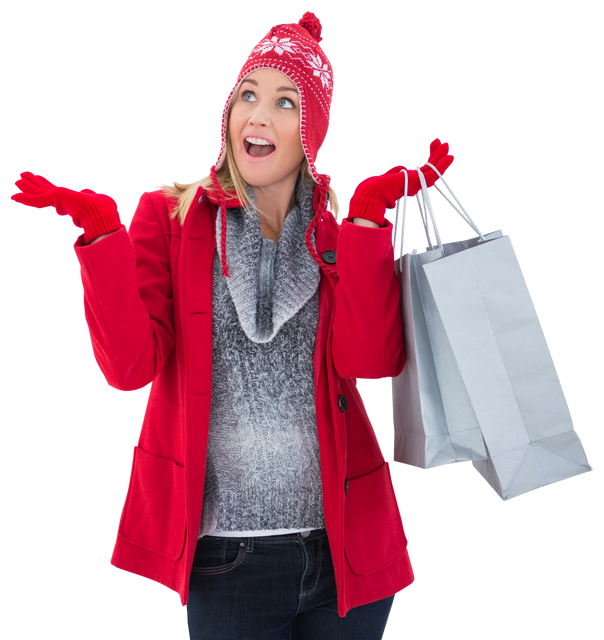 Happy Blonde Woman in Winter Clothes Holding Shopping Bags, Transparent Background - Download Free Stock Videos Pikwizard.com