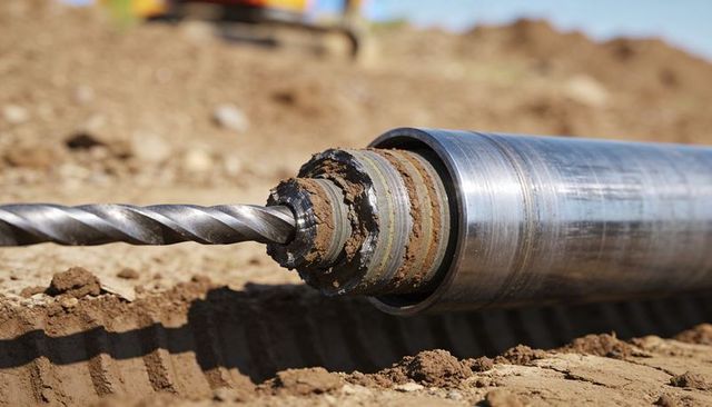 Close-up soil-covered spiral auger bit and polished steel casing on sunny construction site