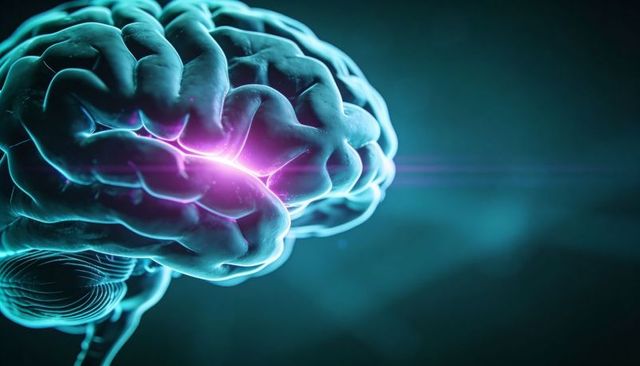 Neon brain activation visualization showing glowing neural spark and futuristic tech energy pulse