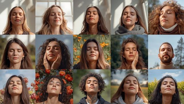 Diverse close-up portraits meditating with closed eyes basking in sunlight and nature