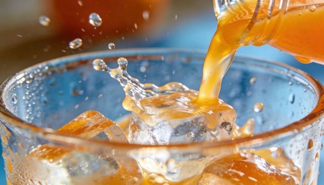 Amber beverage pouring over ice creating dynamic splash close-up for beverage advertising