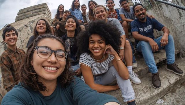 Smiling diverse friends taking selfie on urban concrete steps, candid outdoor portrait