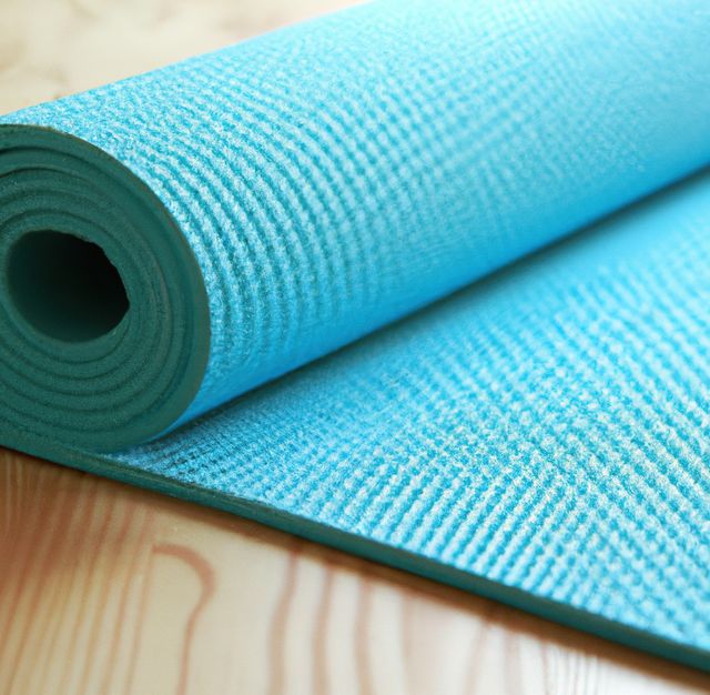Image of close up of blue yoga mat with pattern. Yoga, exercise and exercise equipment concept.