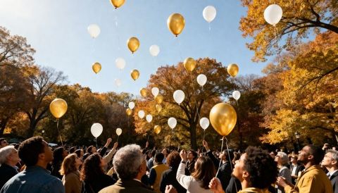 Autumn crowd releasing gold and white balloons in park for remembrance and celebration