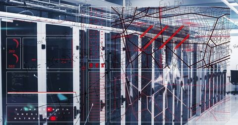 Digital Innovation in Data Center with Server Racks and Tech Overlay