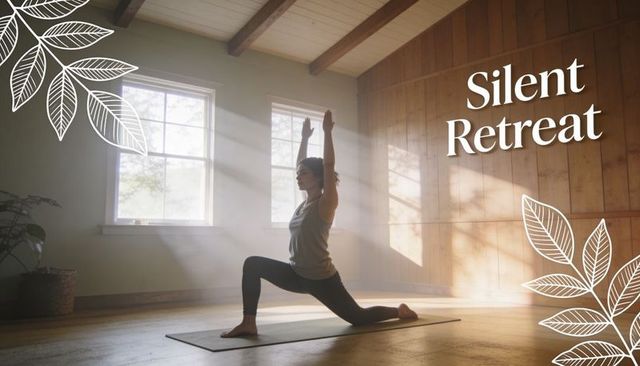 Woman practicing yoga lunge in sunlit wooden studio for silent retreat and mindfulness