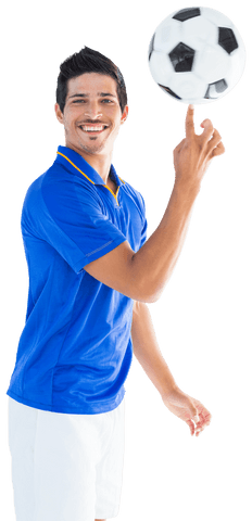 Smiling Sportsman Balances Football with Confidence on Transparent Background