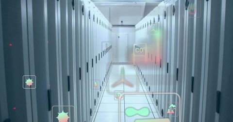 Futuristic Data Server Room with Digital Overlay Icons