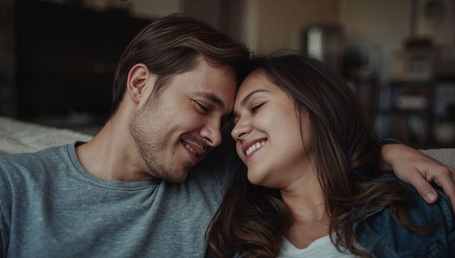 Young couple cuddling and smiling on sofa at home enjoying cozy intimate moment with soft light
