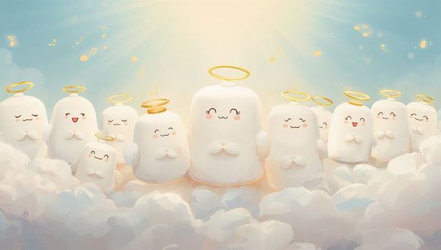 Floating pillowy angel choir clasping hands on clouds with golden halos and musical notes pastel kaw