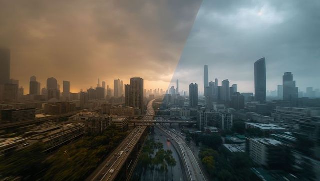 Dynamic Urban Skyline Amid Dramatic Sunset Glow Transition