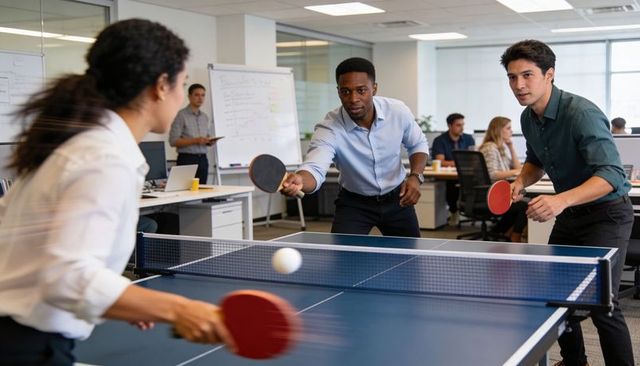 Coworkers playing table tennis during office break for team building and employee wellness