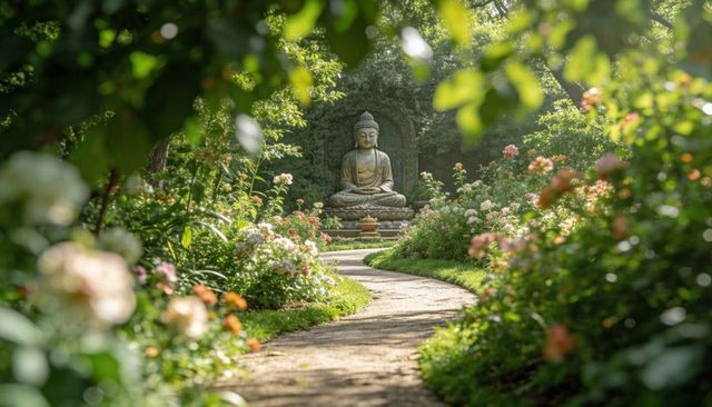Buddha statue meditating on carved pedestal along winding garden path with blooming flowers