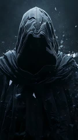 Cloaked Shadow Emerging from Void, Summoning Shards — Vertical Cinematic Fantasy