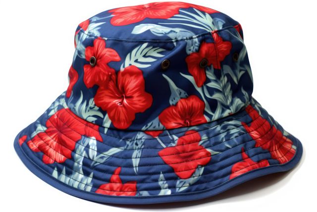 Blue bucket hat with red flowers on white background, created using generative ai technology. Fashion, hats and headwear concept digitally generated image.