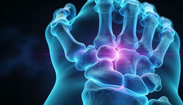 Glowing wrist joint highlighting carpal bones, metacarpals and phalanges in translucent cyan