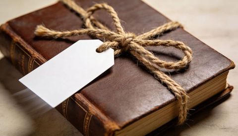 Vintage leather book wrapped in natural twine showing blank tag for rustic gift or journal