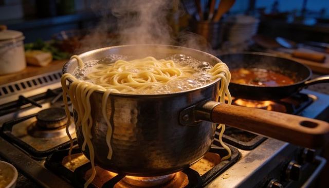 Boiling long noodles overflowing from hammered saucepan on gas stove, steaming kitchen