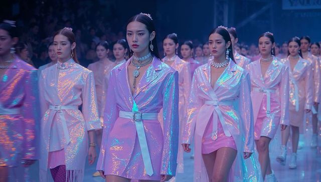 Ai-generated fashion models walking runway in iridescent pink blazers