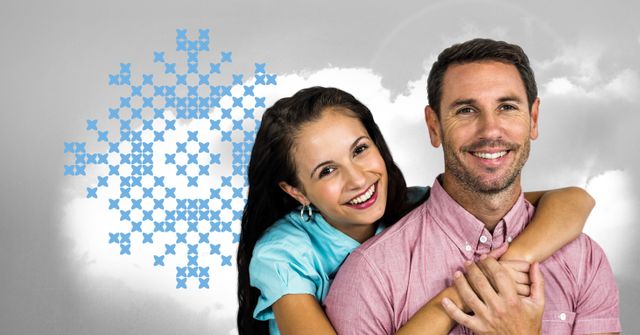 Composition of happy caucasian couple over snowflake and clouds. Abstract background and lifestyle concept digitally generated image.