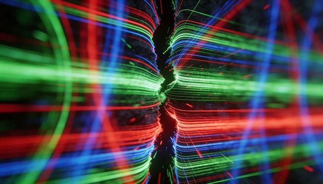 Converging rgb neon ribbons creating central fissure with glowing particles and motion