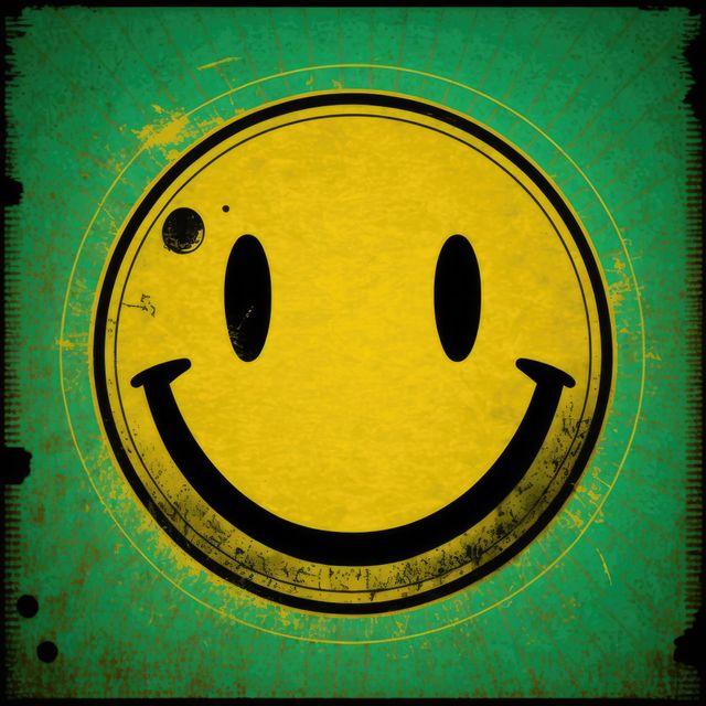 This image features a vintage-style smiley face with a grunge effect on a distressed retro background. The yellow smiley face contrasts with the green background, creating a nostalgic and cheerful vibe. This can be used in design projects, promotional material, or to evoke a sense of nostalgia and playfulness.