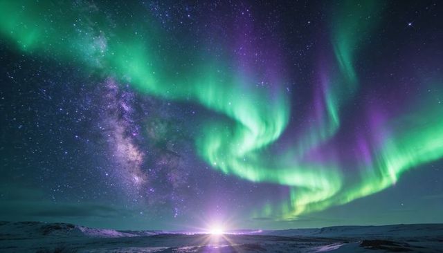 Aurora Borealis and Milky Way Dancing over Arctic Snowfield with Radiant Horizon Glow