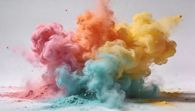 Billowing Color Powder Plumes Bursting on White Surface in Pink Teal Orange Yellow