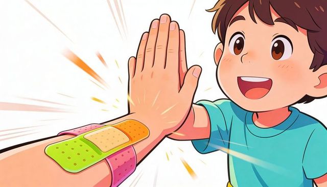 Smiling child giving high-five to bandaged arm playful colorful healthcare illustration