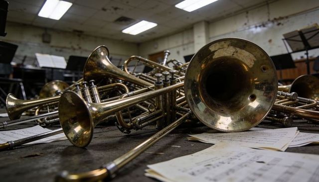 Worn brass trumpets piled on scuffed bandroom floor with scattered sheet music and tarnish