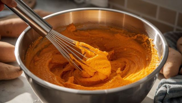 Whisking creamy sweet potato puree in stainless steel bowl for thanksgiving side dish