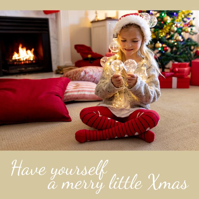 Happy Girl Celebrating Christmas Sitting by the Fireplace - Download Free Stock Templates Pikwizard.com