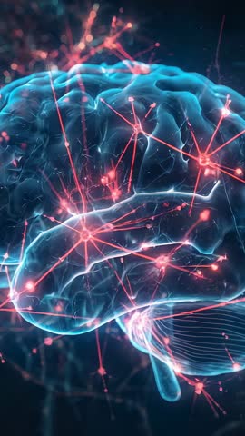 3D Brain Animating with Pulsing Red Neural Nodes for Futuristic Neuroscience Video