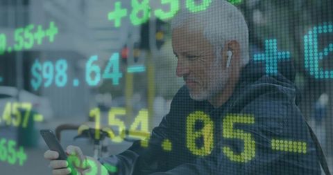 Investor at Cafe Analyzing Stocks with Modern Tech Overlay