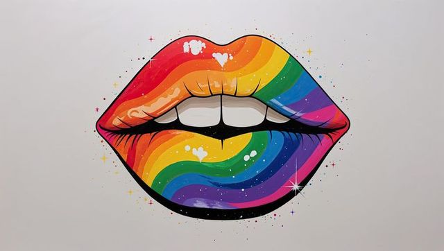 Vibrant Pop Art Mural of Rainbow Lips on White Wall