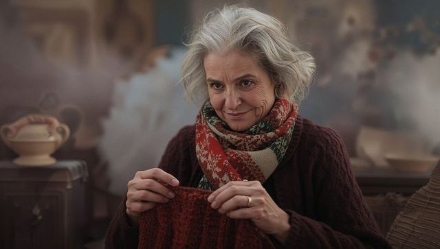 Senior woman knitting red yarn in cozy home