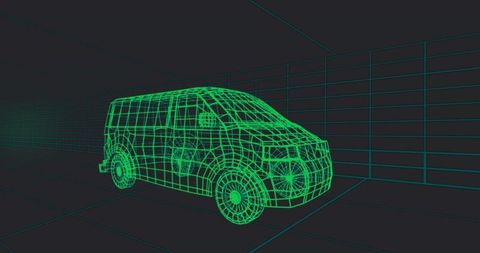 Futuristic Wireframe Green Van in Digital 3D Environment