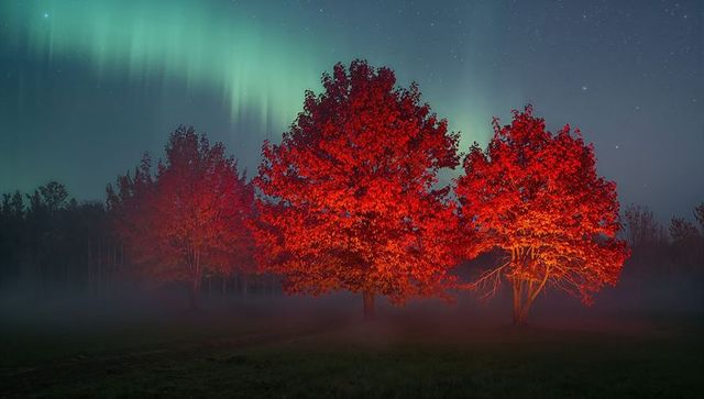 Northern lights over red autumn trees, misty night meadow with glowing foliage and stars
