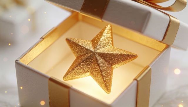 Golden glitter star ornament resting in white gift box with satin ribbon and warm bokeh glow