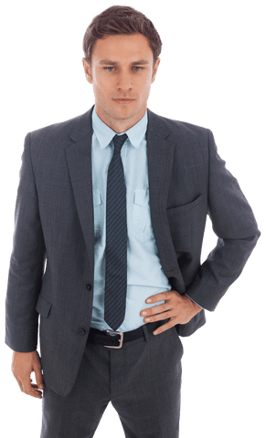Confident Businessman in Suit with Hand on Hip Transparent Background