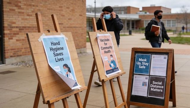 Campus health awareness posters promoting mask use, vaccination and hand hygiene