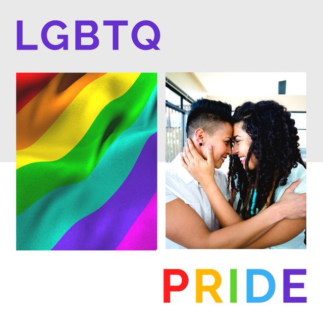 This image depicts LGBTQ pride and inclusivity featuring a rainbow flag next to a biracial female couple embracing with love and smile. Useful for social campaigns, LGBTQ awareness, and celebrations promoting diversity, acceptance, love, and equality.