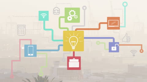 Creative Infographic with Digital Tech Icons on City Background