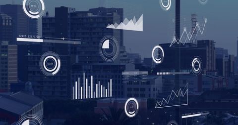 Data visualization and analytics concepts over urban skyline