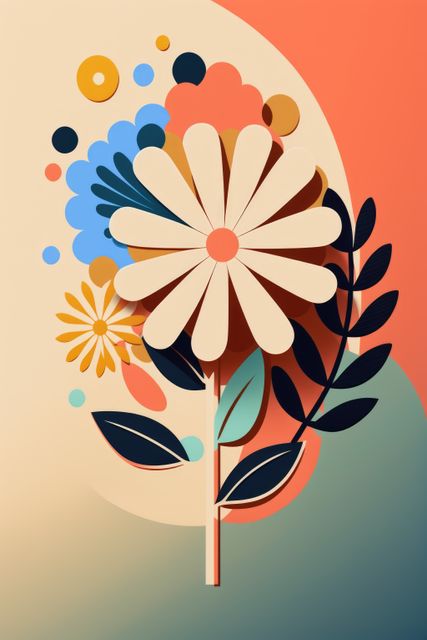 Colourful flowers and shapes on pink background, created using generative ai technology. Retro, nature and flower concept.