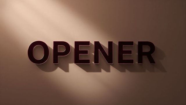 Opener 3d letters casting dramatic diagonal shadows on warm taupe wall, burgundy beveled typography